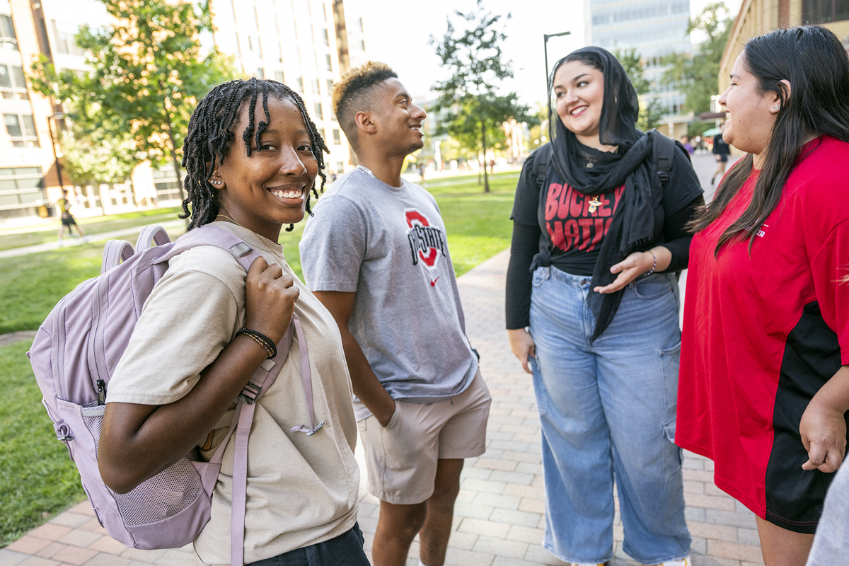 Students talking outside of Scott Hall