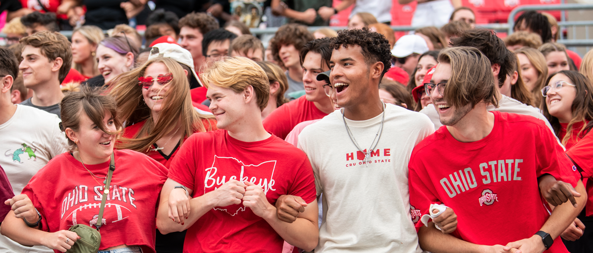 Students learning cheers at Buckeye Kickoff, a Welcome Week program for first year students presented by Athletics at Ohio Stadium.