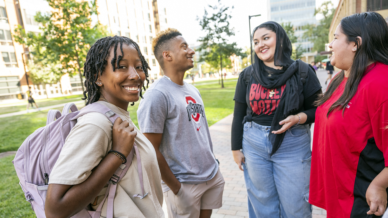 Students talking outside of Scott Hall