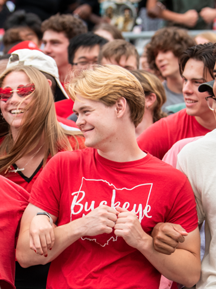 Students learning cheers at Buckeye Kickoff, a Welcome Week program for first year students presented by Athletics at Ohio Stadium.